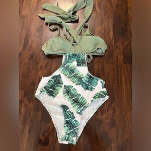 Shein‎ One Piece Swimsuit Green Palm Leaf Tie Back Monokini